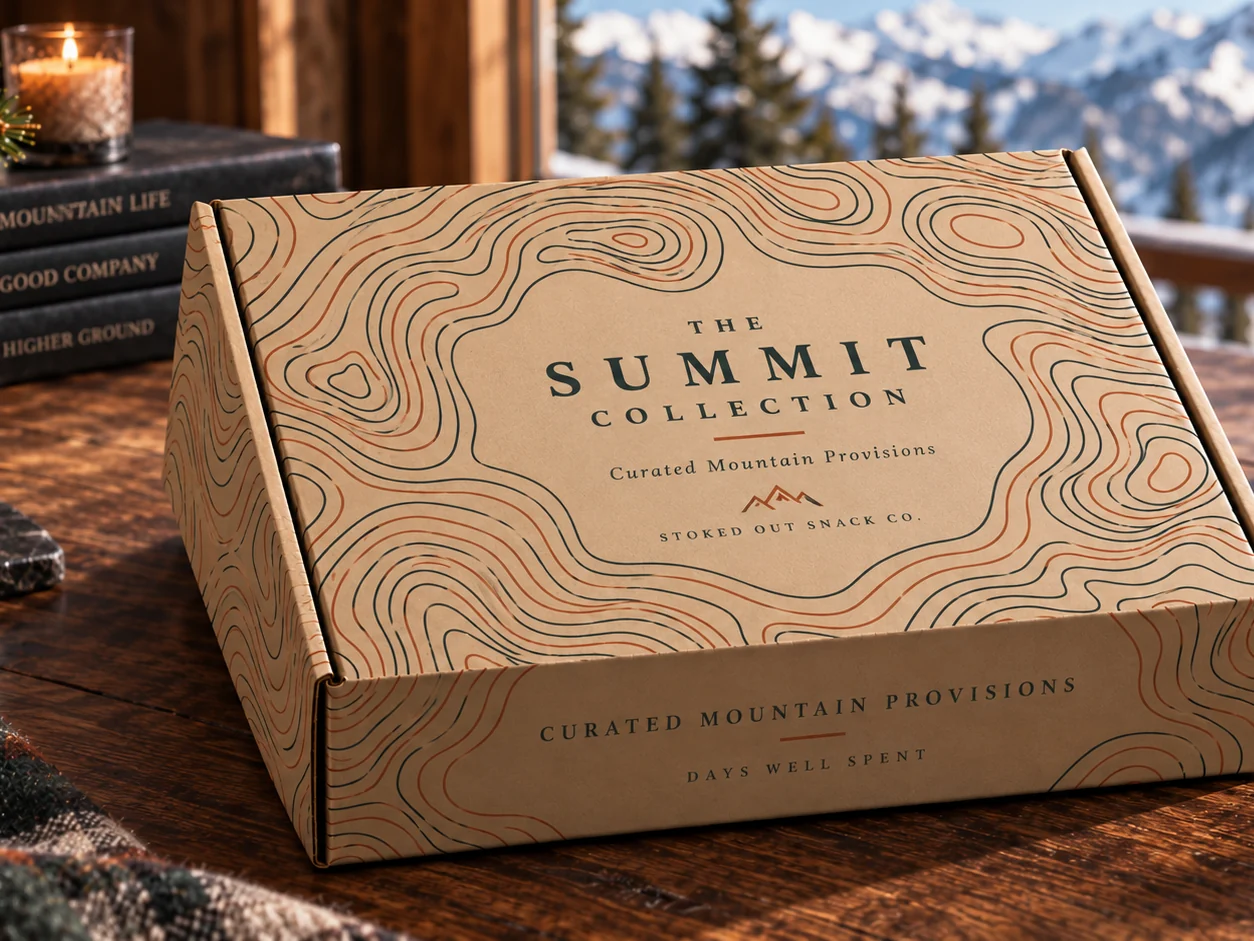 Summit Collection presentation box on a lodge table with mountains beyond