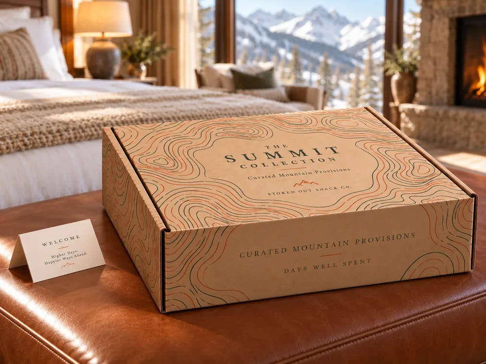 A Summit Collection welcome box and printed welcome card waiting in a mountain guest room