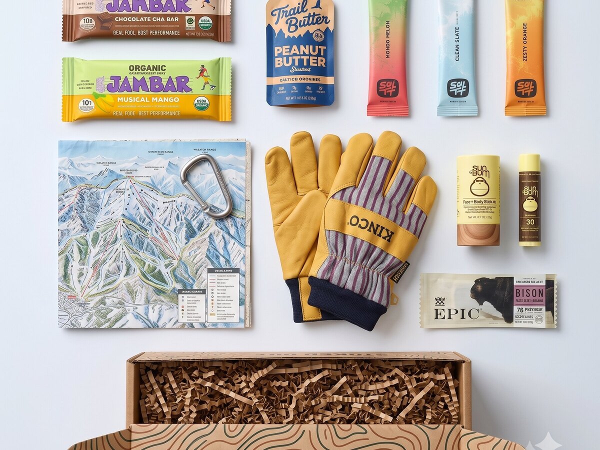 A Stoked Out box laid out with bars, electrolytes, gloves and a trail map