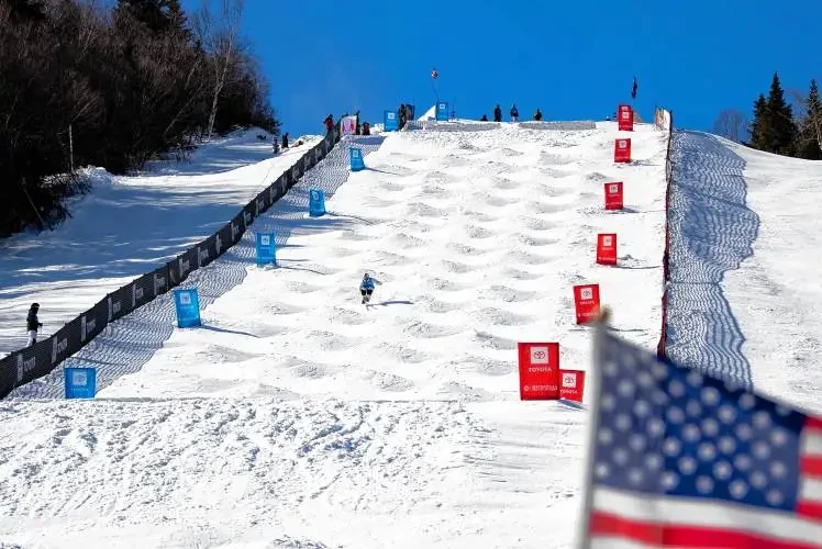 A mogul skier mid-run on a competition course lined with gate banners