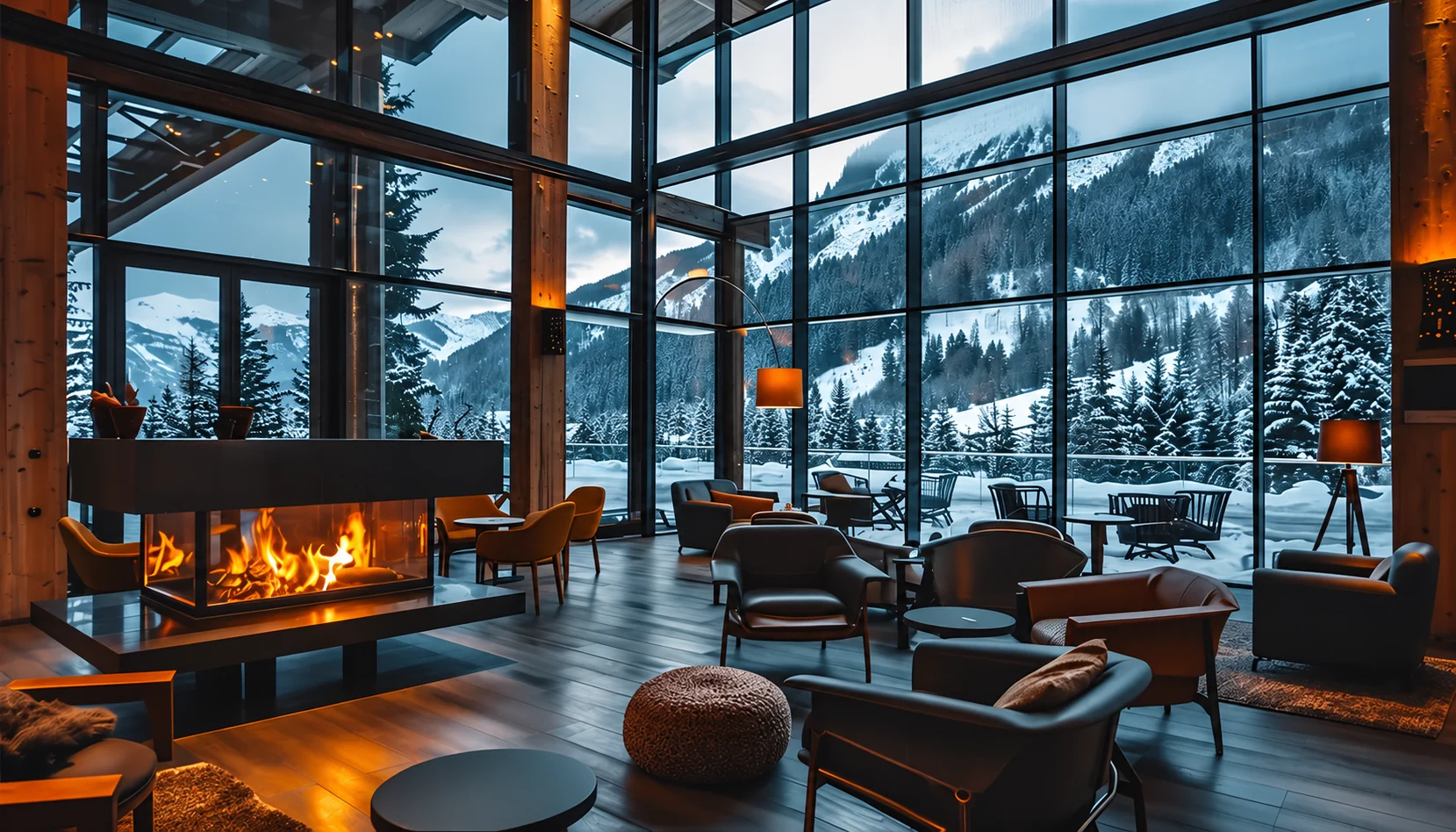 A mountain lodge lounge with a glass-walled fireplace, leather chairs, and floor-to-ceiling windows onto snowy peaks