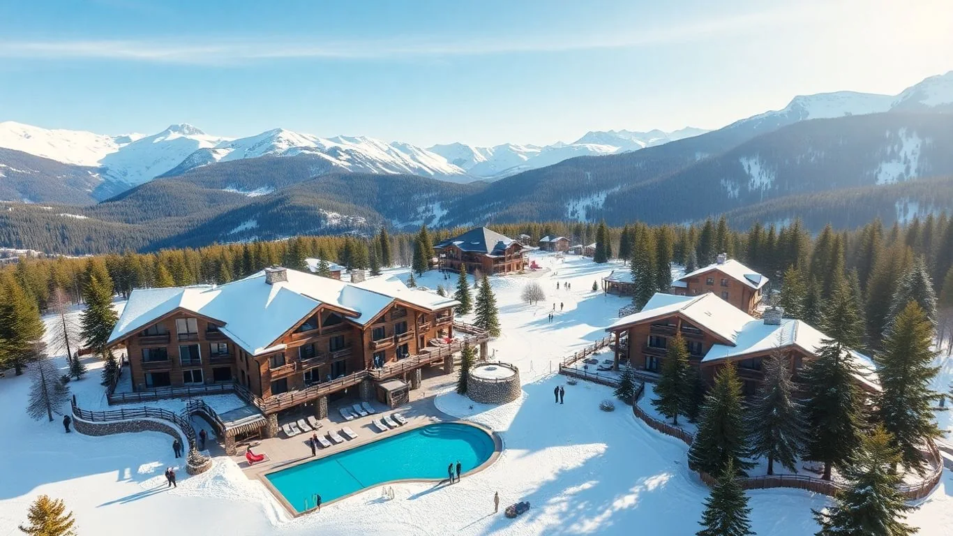 Aerial view of a snow-covered mountain lodge with timber chalets, a heated pool, and peaks beyond