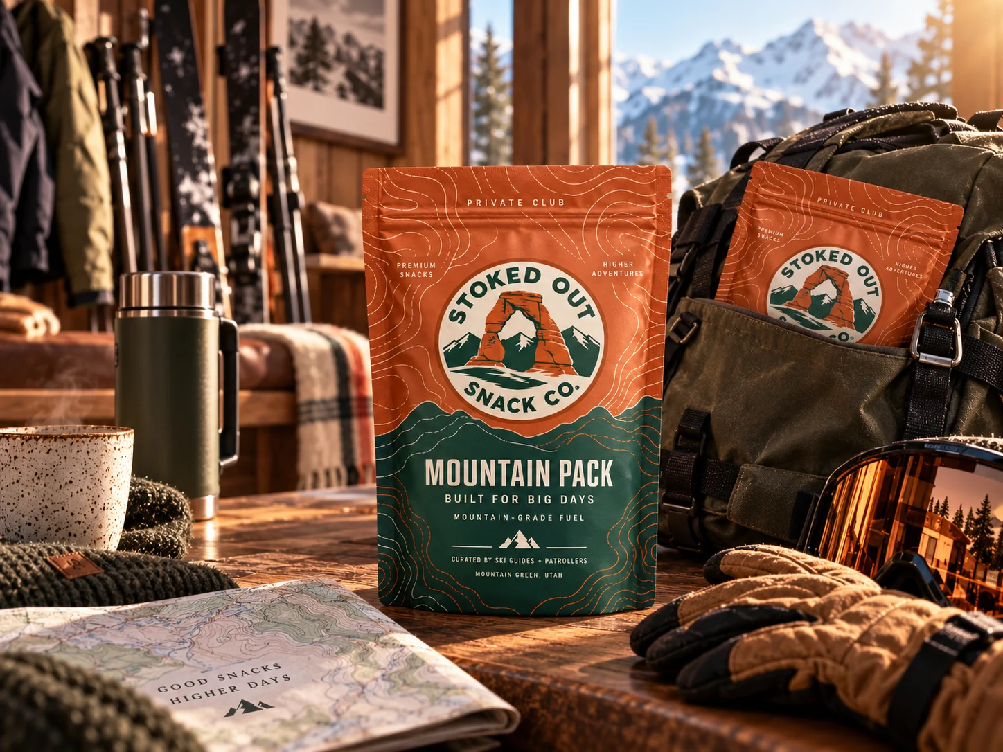Mountain Pack beside ski gear and backpack before an alpine outing