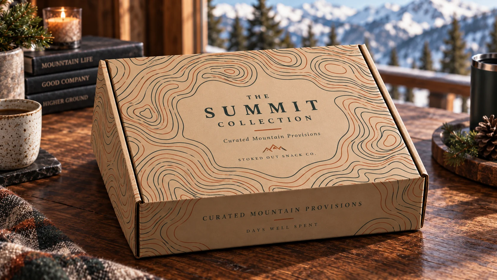 Summit Collection presentation box with topographic artwork in a mountain lodge