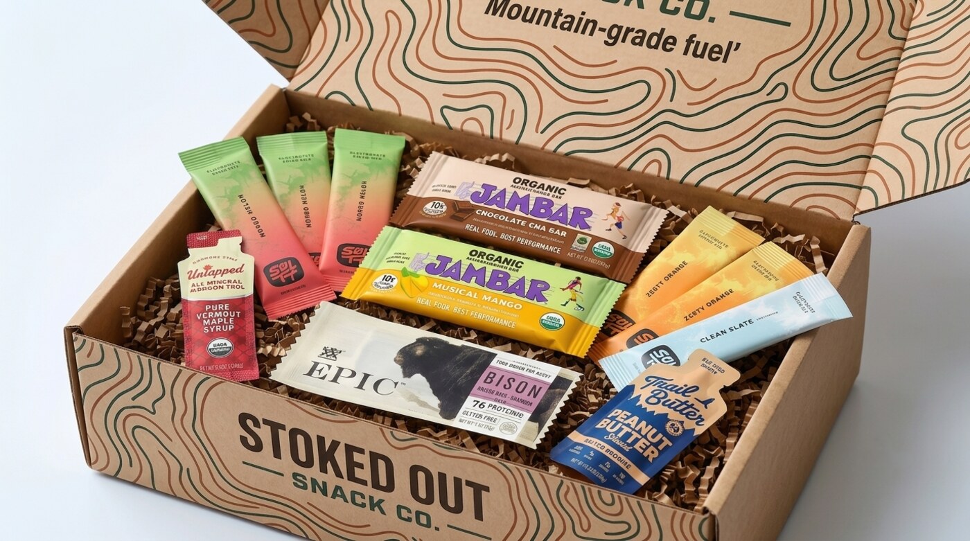 An open Stoked Out box packed with bars, electrolyte sticks and a nut butter pouch