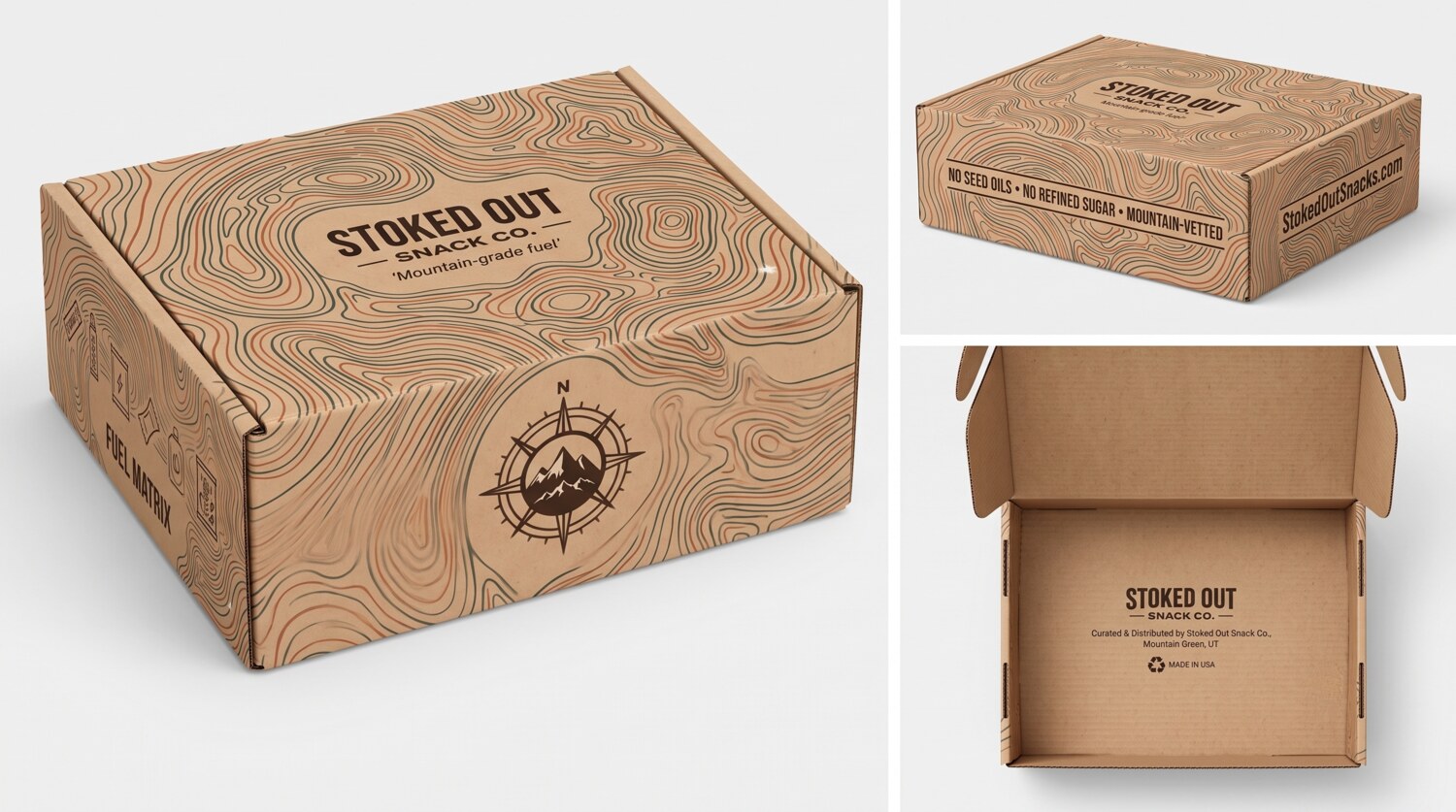 Multiple views of the Stoked Out mailer box showing lid, side panels and interior printing