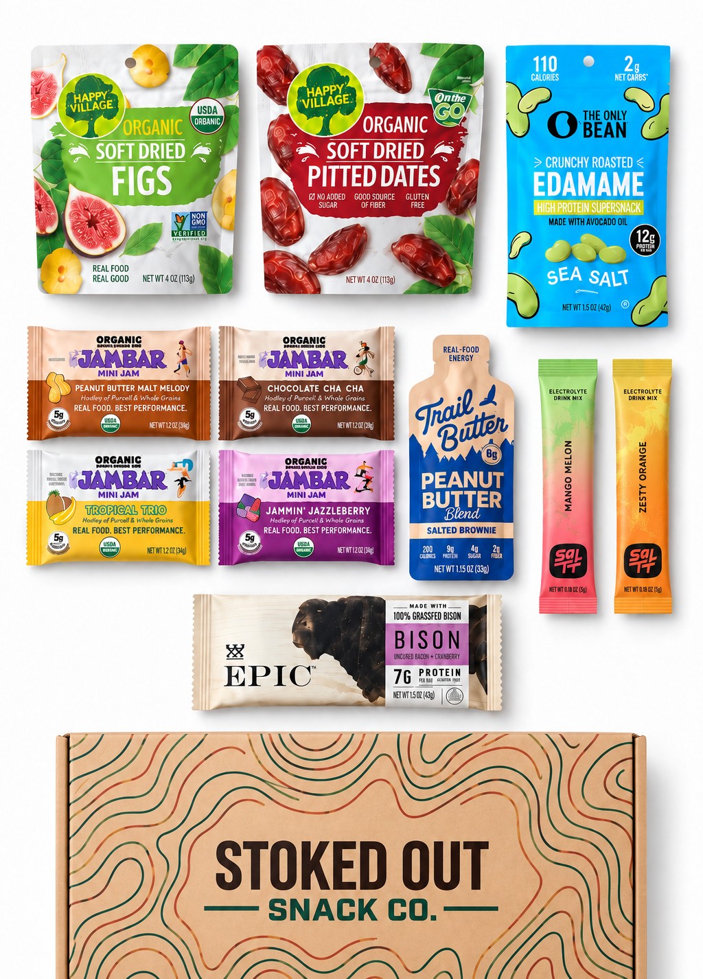 A Stoked Out tier 2 box laid out with figs, dates, edamame, JamBars, Trail Butter, electrolyte sticks, and an Epic bar