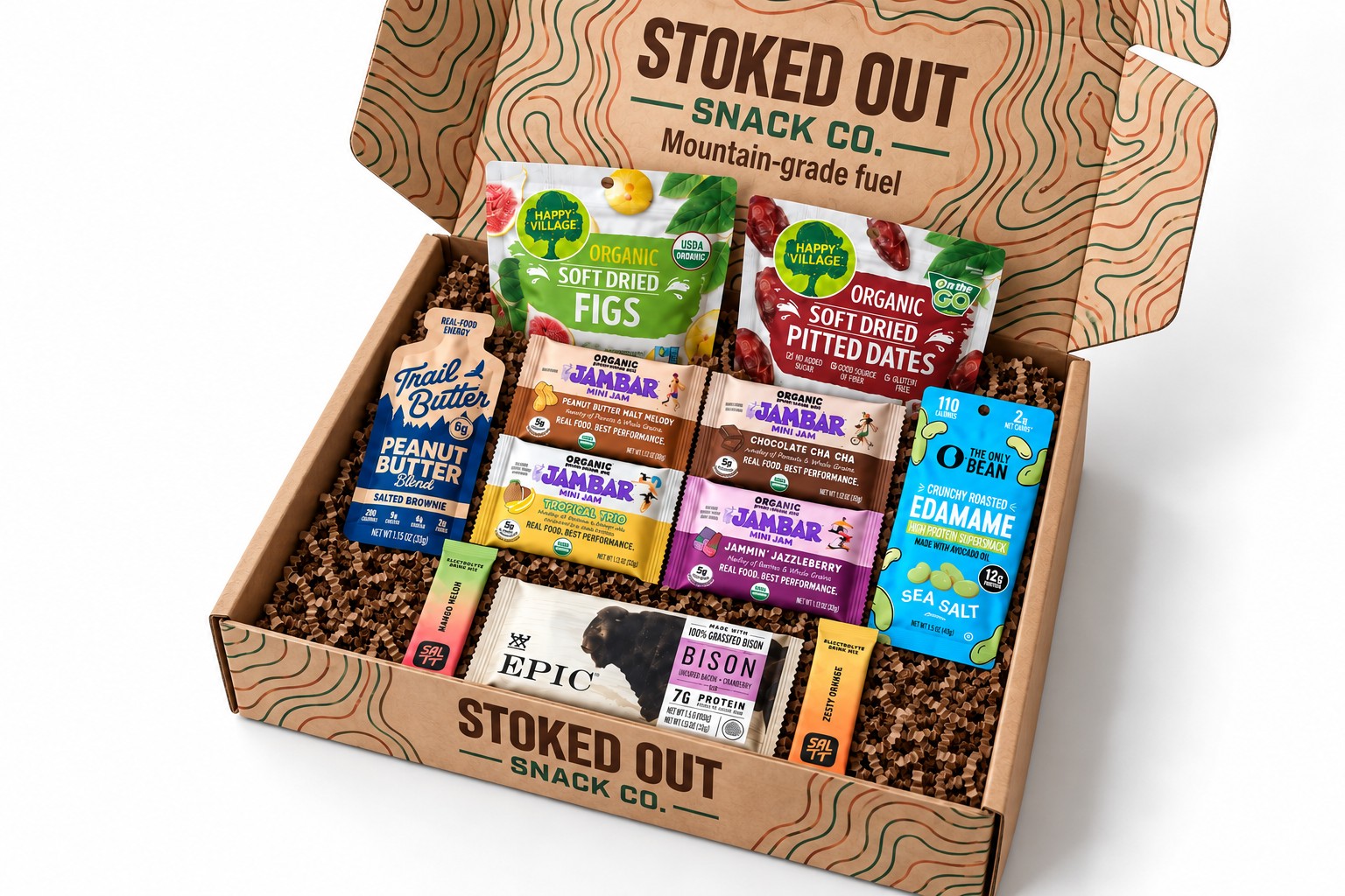 An open Stoked Out box tilted to show figs, dates, edamame, JamBars, Trail Butter, and an Epic bar packed inside