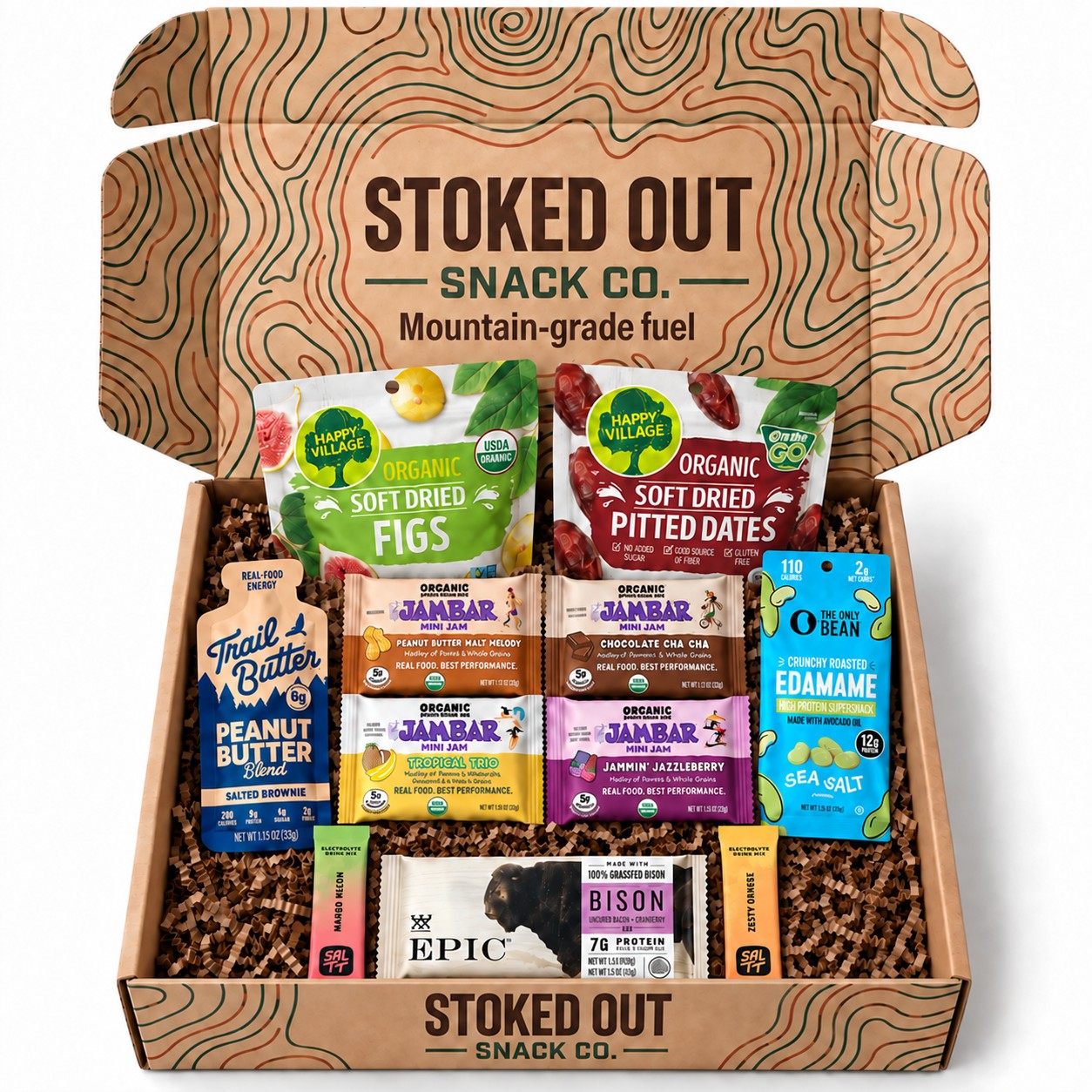 The Stoked Out orientation box, open and packed with figs, dates, edamame, JamBars, and Trail Butter