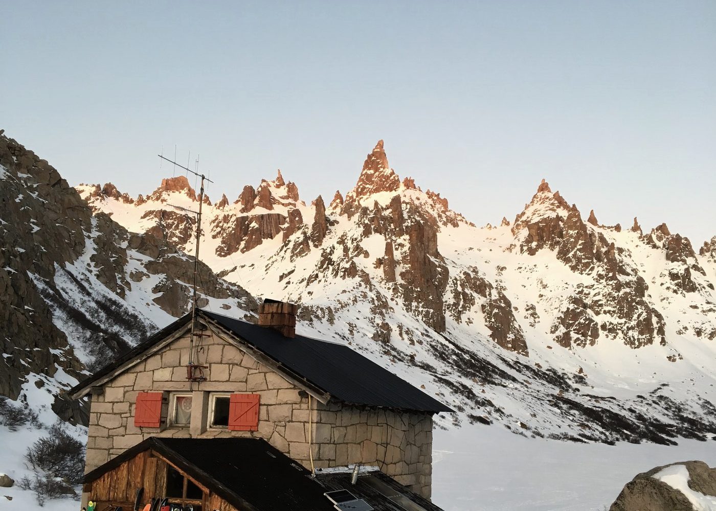 Refugio Frey hut below granite spires in the Argentine Andes